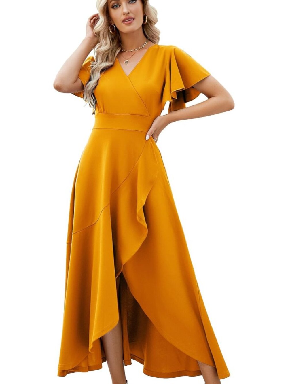 Women's Mustard Yellow Gowns Evening V Neck Ruffle Skirts Maxi Guest Dresses